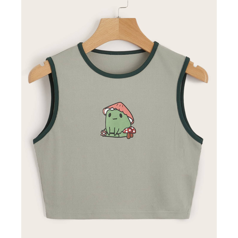 Romwe Kawaii Stretch Crop Top w/ Frog on Mushroom Festival, 90s, Y2K, Sz Large